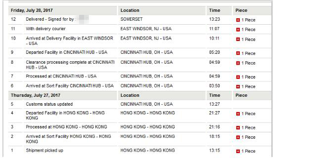 China to the USA delivery information